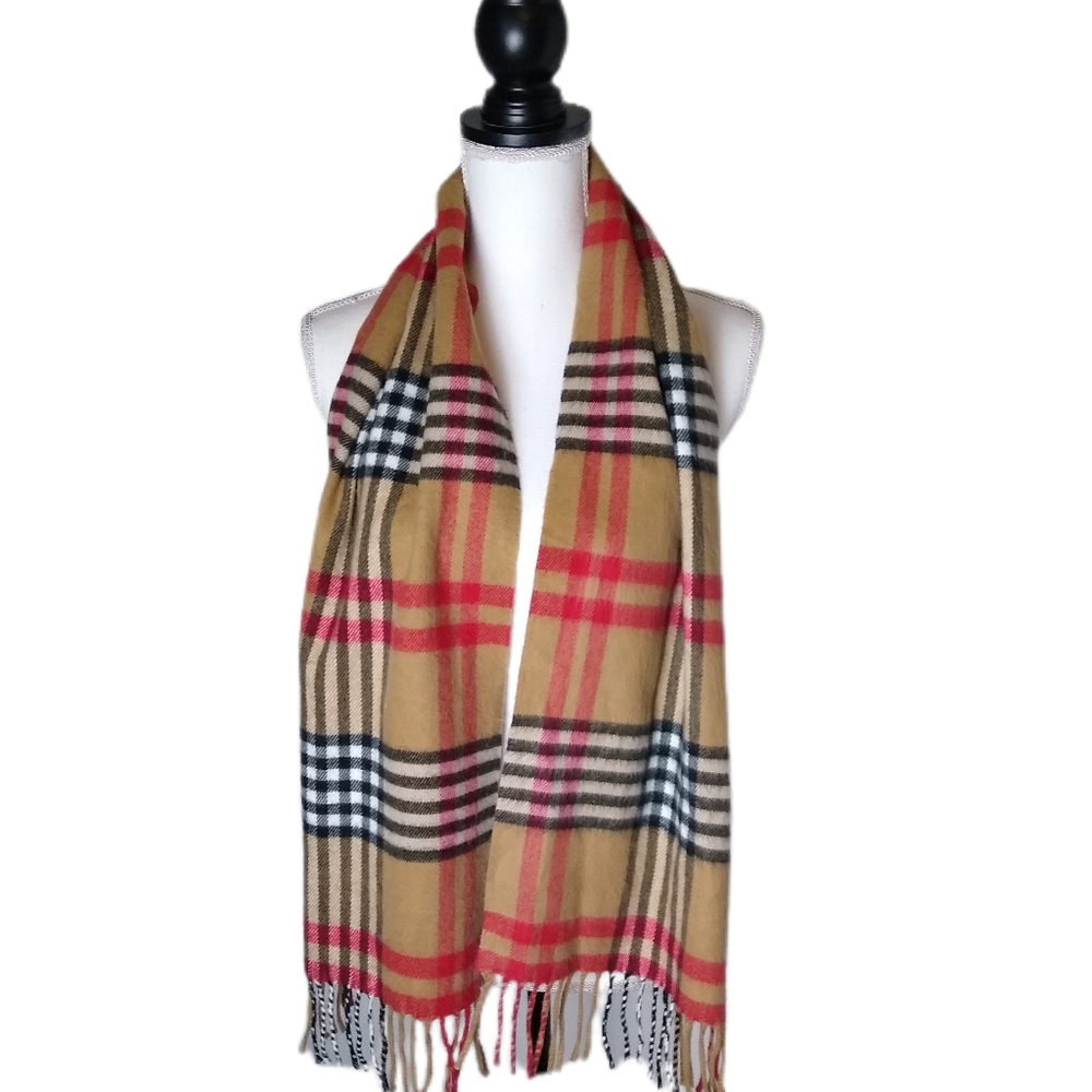 Nova Plaid Scarf 58" x 12" Inches Tan Black Red Plaid Unisex EUC